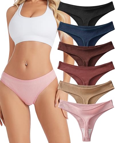 Sunm Boutique Cotton Thongs for Women, Low Rise Sexy Womens Underwear, Ribbed Cotton No Show Ladies Panties (6 Pack, Large, Toasted Caramel Colors Collection)