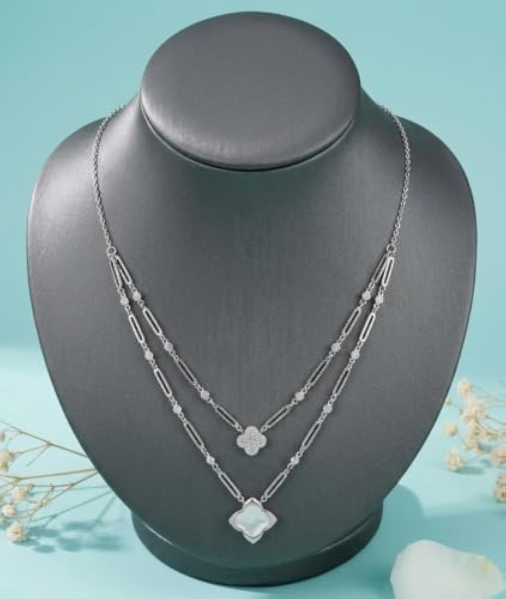 Women's Sterling Silver 925 Double Layer Clover Pendant Necklace