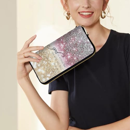 Image of Women's Wallets,Credit Card Holder Money Leather Long Wallet with Wristlet,Large Capacity with Zip-Around Phone Purse for Women Ladies Girls,Pink Glitter Psalm 46:5