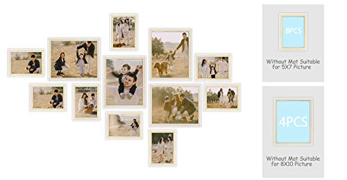 Frametory, Set of 12 Gallery Wall Frame Set Photo Frame Displaying Pictures (White/Beige, (8) 5x7 + (4) 8x10)