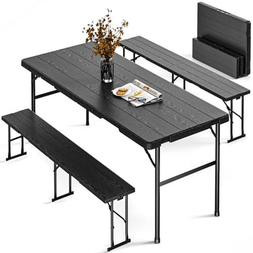 IWDOO Folding Table with 2 Benches Set, 6FT Picnic Table