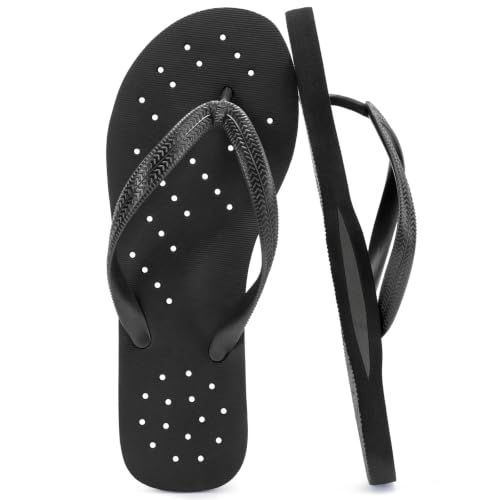 STQ Shower Shoes Men Flip Flops Quick Drying with Drain Hole, Black Size 13