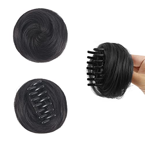 Dsoar 2PCS Mini Claw Fake Buns Straight Hair Bun Extensions Hair Donut Chignon Clip in Hair Scrunchies, Natural Black - Image 2