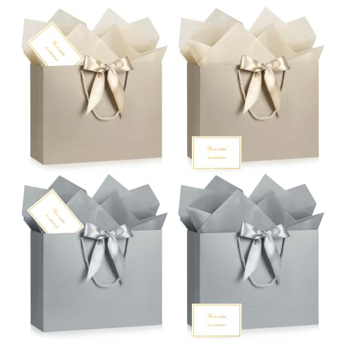 Image of JMANNI Gift Bags with Handles, 13 inch Medium Gift Bag for Presents, 4 Pcs Bags with 8 Tissue Paper and 4 Cards for Graduation Baby Shower Wedding Fathers Day Mother's Day Birthday Party(Champagne Silver)