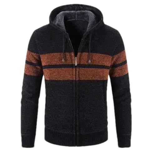 Men’S Fleece Lined Knitted Hooded Sweatercoat Patchwork Turn-Down Collar Long Sleeve Full Zip Casual Cardigan