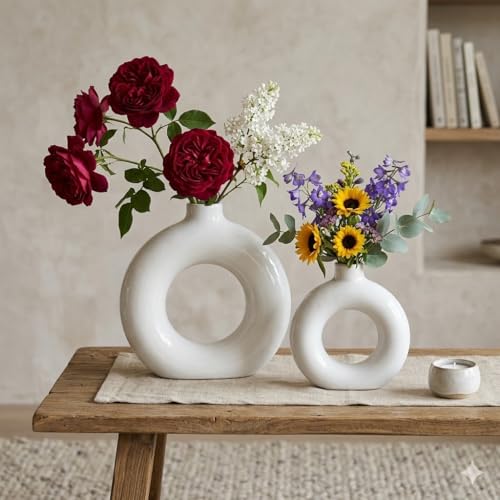 Image of Modern Ceramic Donut Vase Set of 2 (White) | Minimalist Ring Shape Decorative Flower Vase for Living Room, Bedroom, Office & Table Decor (5,6 Inch)