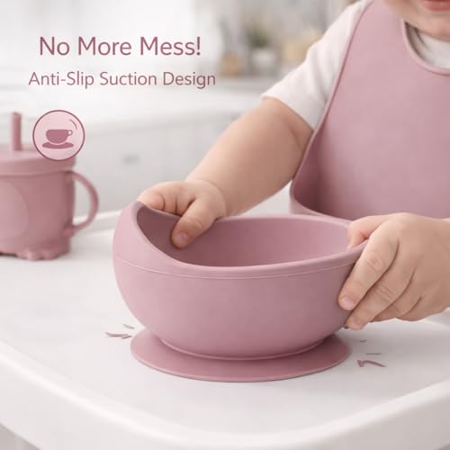 Image of 6 Pcs Silicone Baby Feeding Set | BPA-Free Baby Dinner Set with Suction Plate, Bowl, Bib, Cup, Spoon & Fork | Microwave & Dishwasher Safe | 6+ Months (Pink)