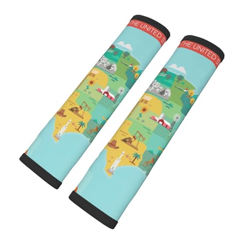 Salelf Mapa turístico dos EUA com marcos famosos para capas de cinto de segurança de neoprene macio, pacote com 2. Ajuste universal para carros, SUVs, caminhões e mochilas. Evita fricção no ombro e no