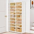YIFOR 9-Tier Portable Shoe Rack Organizer for Closet, 36 Pairs Shoe Container Bins, Clear Plastic Collapsible Shoes Storage Box, Stackable Sneaker Storage Shoe Cabinet with Door