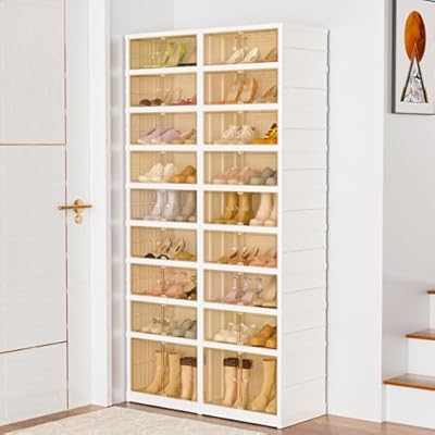 YIFOR 9-Tier Portable Shoe Rack Organizer for Closet, 36 Pairs Shoe Container Bins, Clear Plastic Collapsible Shoes Storage Box, Stackable Sneaker Storage Shoe Cabinet with Door