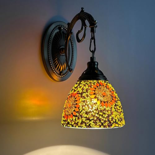 Dualbao Mosaico Turco Bohemia Lámpara de Pared, Hecha a Mano Azul Verde Rosa Rojo Amarillo Pantalla Lámpara de Pared Mosaico de Cristal Marroquí para Dormitorio, Lado de la Cama, Pasillo,Oro