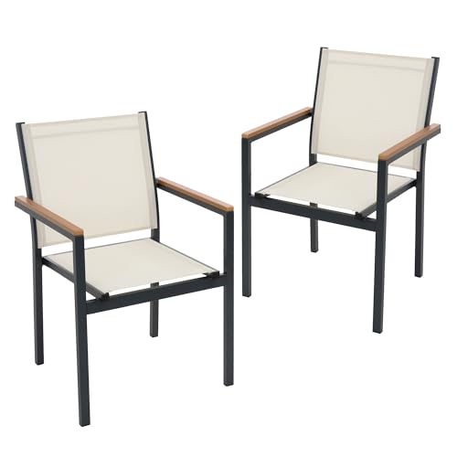 ML-Design Lot de 2 Chaises de Jardin avec Accoudoirs Aspect Bois, Beige, Structure en Aluminium...