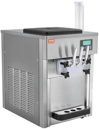 VEVOR Commercial Ice Cream Machine, 21 QT/H Yield, 1800W 3-Flavor Countertop Soft Serve Ice Cream Maker, 2 x 4L Hopper 2 x 1.8L Cylinder, LCD Panel Auto Clean Pre-cooling, for Restaurant Snack Bar