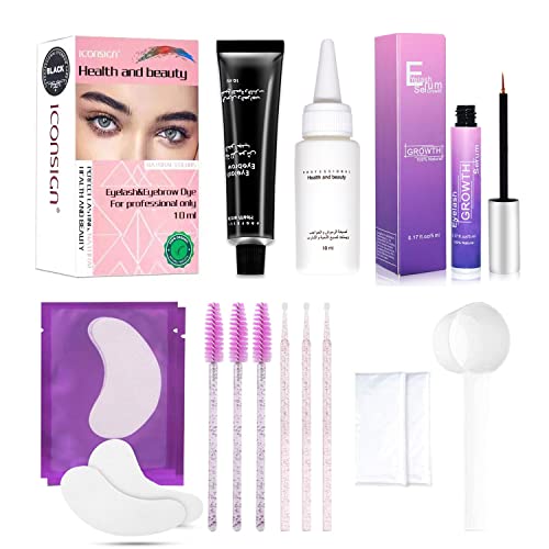 Eyelash Growth Serum, Black Tint Kit 3 in 1, Professional Semi-Permanent Eyelash & Eyebrow Kit, Lasting for 6 Weeks DIY Hair Dying for Salon Home Use