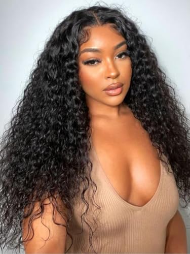 UNICE Water Wave 7x5 Bye Bye Knots Lace Front Wigs Human Hair with Drawstring Pre Everything Glueless Wig Pre Plucked Pre Cut Bleached Knots Put on and Go Wig Natural Hairline 150% Density 24 inch