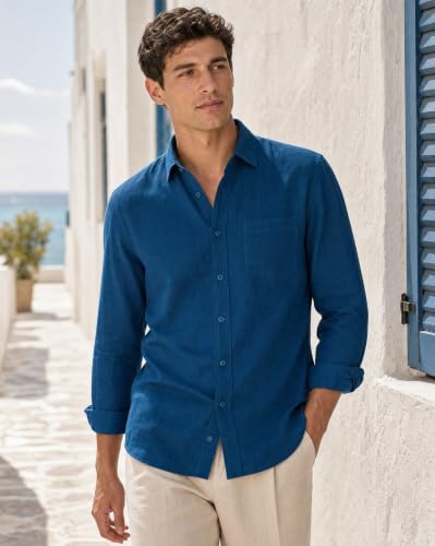 Image of Nobero Breezy Premium Linen Cotton Shirt for Men | Stylish Casual Shirts for Men | Semi Cut Collar | Box Pleat | Curved Hem | Regular Fit | Full Sleeve | S-XXXL