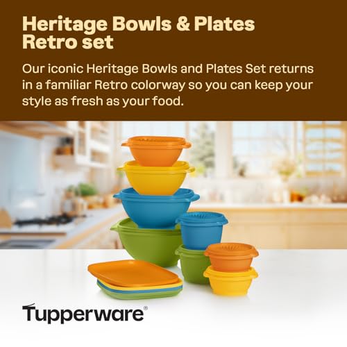 Image of Tupperware Heritage Retro Collection, Bowls & Plates, 20 Piece Food Storage Container Set in Retro Colors, Dishwasher Safe and BPA Free