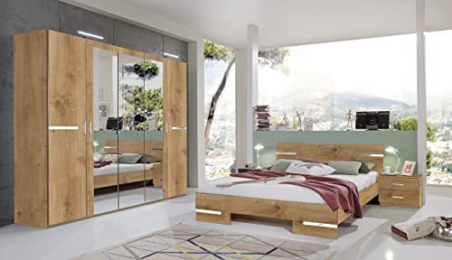 PEGANE Chambre à Coucher complète Adulte (lit 180x200 cm + 2 chevets + Armoire) Coloris Imitation chêne Poutre/Chrome Brillant