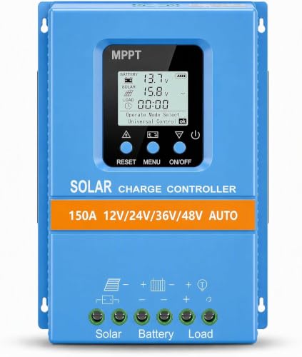 150A MPPT Solar Charge Controller, 12V/24V/36V/48V Auto with LCD Display, Smart Timer & Dual USB for...