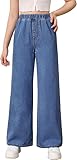 ADBUCKS Girl's Stretch Denim Wide Leg Jeans Comfort Fit with Elastic Waistband, Straight Cut, Casual Style for All Seasons, Versatile Clothing (in, Age, 11 Years, 12 Years, Stone)