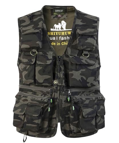 SUSHIMIAN Gilet da Pesca da Uomo Multi-Tasche Giubbotti Senza Maniche da Lavoro Gilet da Caccia Fotografia Sportivo da Trekking, Camo Verde, M