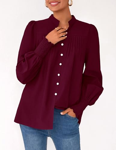 PRETTYGARDEN Fall Lantern Long Sleeve Shirts for Women 2025 Trendy Button Vneck Pullover Henley Tops Dressy Work Blouses4