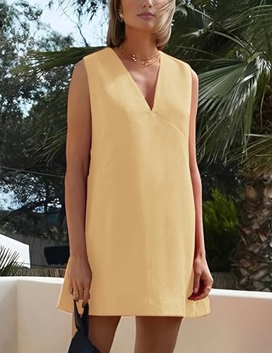 Image of Megfie Womens Summer Cotton Linen V Neck Short Dress Sleeveless Mini Dress Casual A Line Sundress Yellow-Large