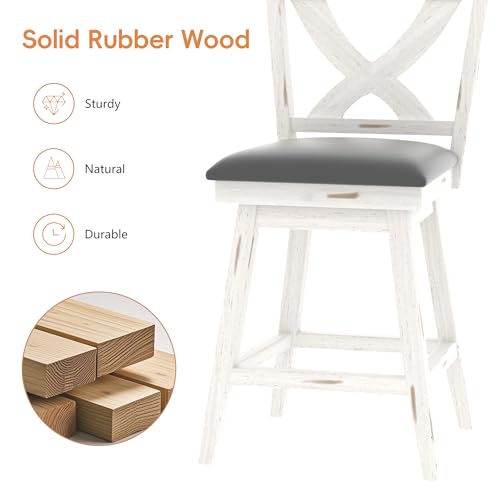 Image of Swivel Barstools Set of 6, 24 Inch Counter Height Kitchen Island Chairs with Back, Upholstered Seat Bar Stool with Solid Wood Legs & Footrest, Counter Stools for Pub, Bar, Restaurant (Antique White)