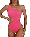 Limeeke Women's Cutout One Piece Swimsuit One Shoulder Swimwear Ribbed Monokini Bathing Suits Hot Pink S