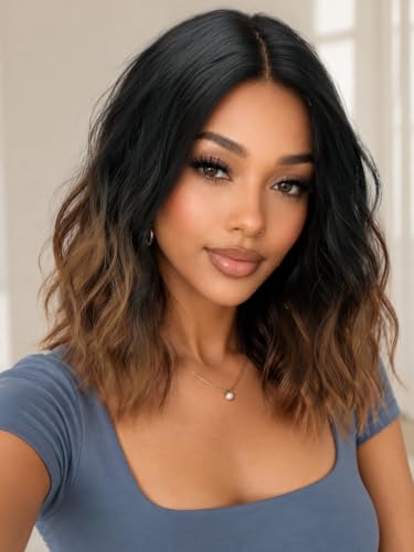 Image of Eawwii Wigs for Women Ombre Brown,Short Wavy Synthetic Lace Wig