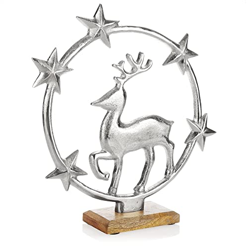 com-four® Premium Deko-Aufsteller - Skulptur-Statue aus vernickeltem Aluminium auf Sockel aus Mangoholz - Deko-Figur zum Hinstellen - tolle Raumdeko (silberfarben - Rentier + Sterne)