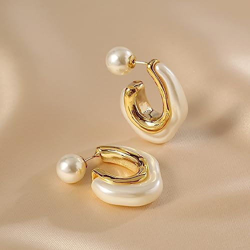 HETICA Chunky Gold Hoop Earrings, 14k Gold Plated Pearl Drop Earrings for Women, Statement Earrings, Suitable Gifts2