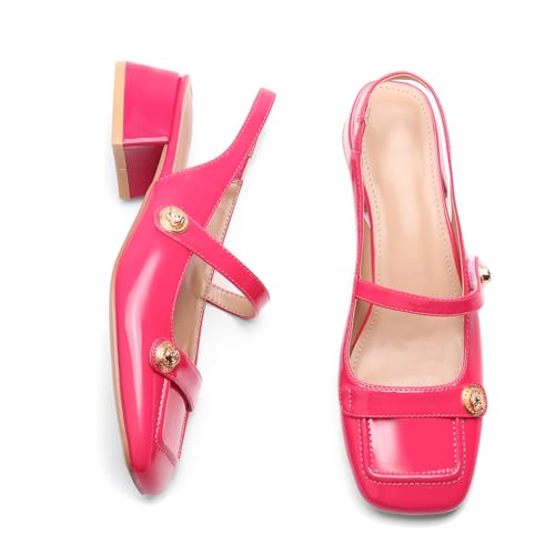 Image of Slingback Mary Jane Heels for Women Low Block Heel Closed Square Toe Pump Shoes Heels Classic Daily Office Dressy Shoes