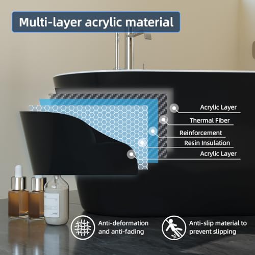 Image of 59 Inch Freestanding Bathtub, Acrylic, Deep Soaking Tub with Non-Slip Base, Modern Black Free Standing Tub for Bathrooms, cUPC Certified with Chrome Drain