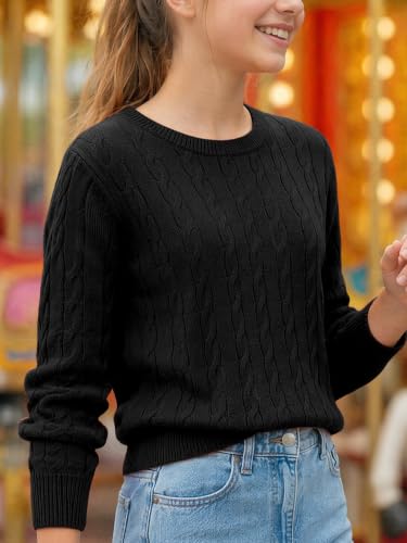 Image of Girls Sweaters Winter Tops Kids School Picture Teen Fashion Long Sleeve Crew Neck Cable Knit Casual Fall Cozy Pullover