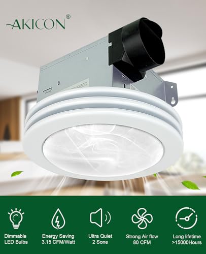 Ventilador de extracción para baño Akicon con luz LED, ultra silencioso de 80 CFM y 2,0 sones, luz LED ajustable (3000K/4000K/5000K), color blanco satinado miniatura 4