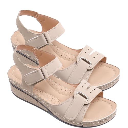 Sandals for WomenSummer Platform Wedge Sandals Open Toe Ankle Strap Wedge Heels Sandals 2024 Comfortable Anti Slip Beach Boho Orthopedic Sandals Casual,Beige,US4.5/EU35