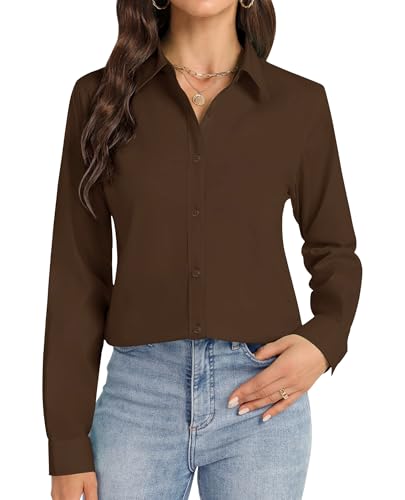 J.VER Womens Long Sleeve Button Down Shirts Stretch Dress Shirt Business Casual Blouses 2025 Chocolate Coffee Brown Medium