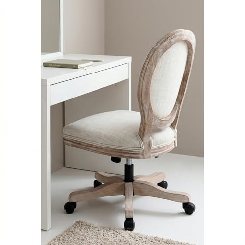 LukeAlon Vintage Linen Office Chair, Adjustable Height Swivel Task Chair with Wood Frame Armless Desk Chair with Wheels Upholstered Round Back Vanity Chair for Home Office Study Room, Beige