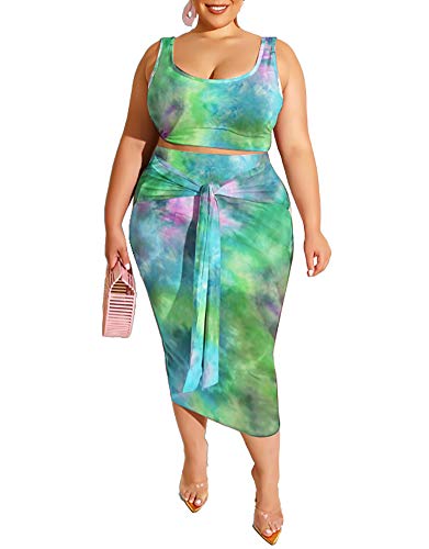 Plus Size Skirt Sets - Stretchy Sexy Two Piece Outfits for Women Bodycon Crop Top + Long Pencil Skirt Green X-Large