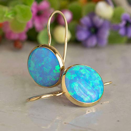 14K Gold Blue Opal Drop Earrings - Solid 14K Dainty Gold Dangle Earrings, 12mm Large October Birthstone Opal Gemstone - Handmade Wedding Jewelry for Classy Women