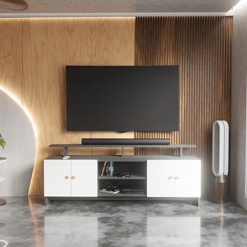 Image of Modern TV Unit for Living Room | Wooden TV Cabinet with Open Shelf & Storage | Entertainment Unit | Assembly-DIY | Color-Grey & White