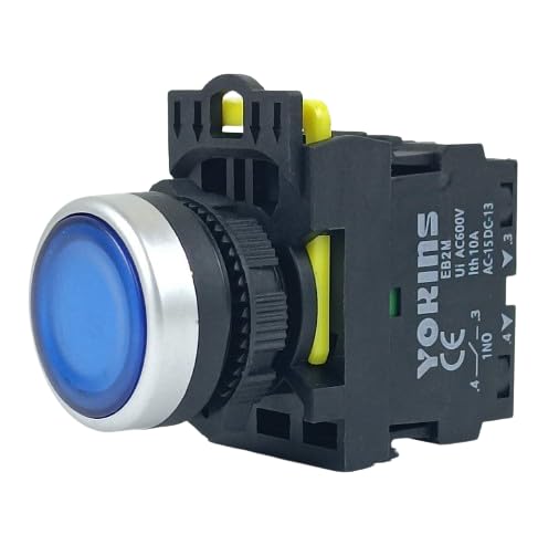 Image of Yokins Illuminated Push Button with Spring Return, EB2M-A-10D-B, 22mm with 1NO (Copper & Silver Contacts) (Blue)