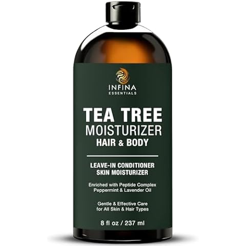 INFINA ESSENTIALS Tea Tree Hair and Body Moisturizer - Hydrating with Peptides, Coconut & Avocado Oils -Daily Body Lotion & Tea Tree Leave In Hair Conditioner for Men & Women - 8 fl oz Cover