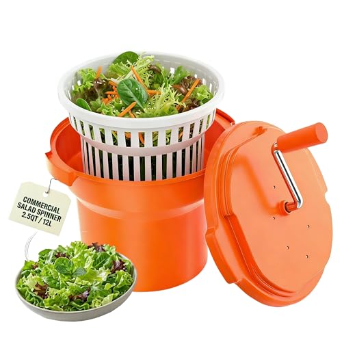 Commercial Salad Spinner - 2.5 Gallon Salad Dryer w/Aluminum Handle & Draining Hose, 10Qt Manual Salad Spinner for up to 3 Heads of Lettuce Spinner Large for Catering Kitchen Cafe