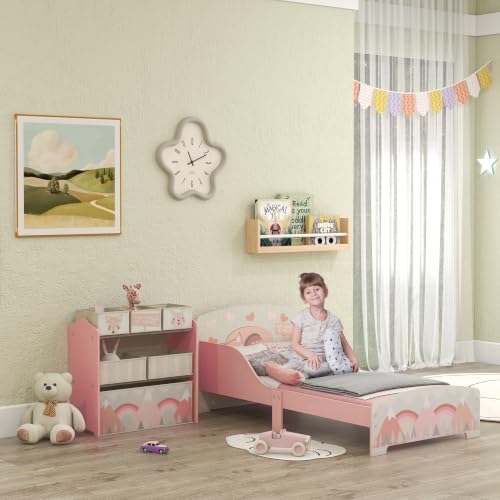 Miniatura 2 de Zonekiz Conjunto Para Niños Incluye 1 Cama Infantil De Madera Con Barreras De Protección Y 1 Estantería Para Juguetes Con 6 Cajas De Tela No Tejida Extraíbles Rosa