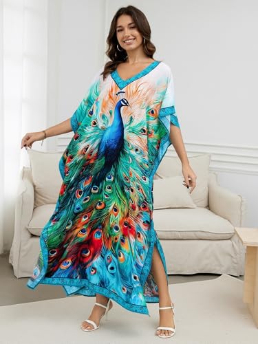 Image of IMAGEKOPE Women's Plus Size Loose Fit Moroccan Print V-Neck Batwing Kaftan Beach Dress Bathing Suit Cover Up