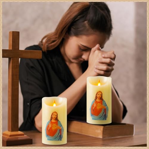 Image of QQFCTOO LED Prayer Flameless Candle with Remote Timer, Battery Powered Candle, Religious Candle, Real Wax, for Home Altar, Church, Devotional,6 inch x 3.2 inch(Jesus - Blue)