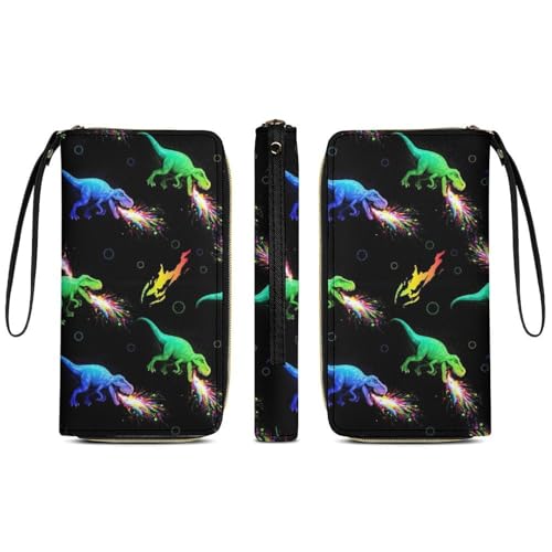 Stylish Pu Leather Wallet for Women, Tyrannosaurus Rex Dinosaur Sparkles in Space Slim Long Purse Waterproof Zipper Credit Card Holder with Multiple Card Slots