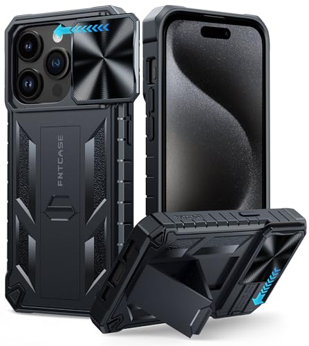 FNTCASE for iPhone 15 Pro Case: Military Grade Drop & Shock Protection Cell Phone Cover with Kickstand & Slide | Rugged Protective Bumper Textured (Black)
